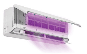 UV-C sterilizacija uniči do 99% virusov in bakterij. Notranja enota vsebuje UV-C svetilko, ki z do 99% učinkovitostjo sterilizira viruse in bakterije, ne da bi oddajala ozon. Njena valovna dolžina (270–280 nm) je optimalna za uničenje mikroorganizmov. Uporaba varčne UV LED svetlobe zagotavlja učinkovitost in varnost, izboljšuje kakovost zraka in ustvarja zdravo okolje z manj škodljivih vplivov.
